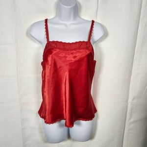 Vintage Y2K Red Satin Camisole Lace Trim Adjustable Straps Lingerie Top